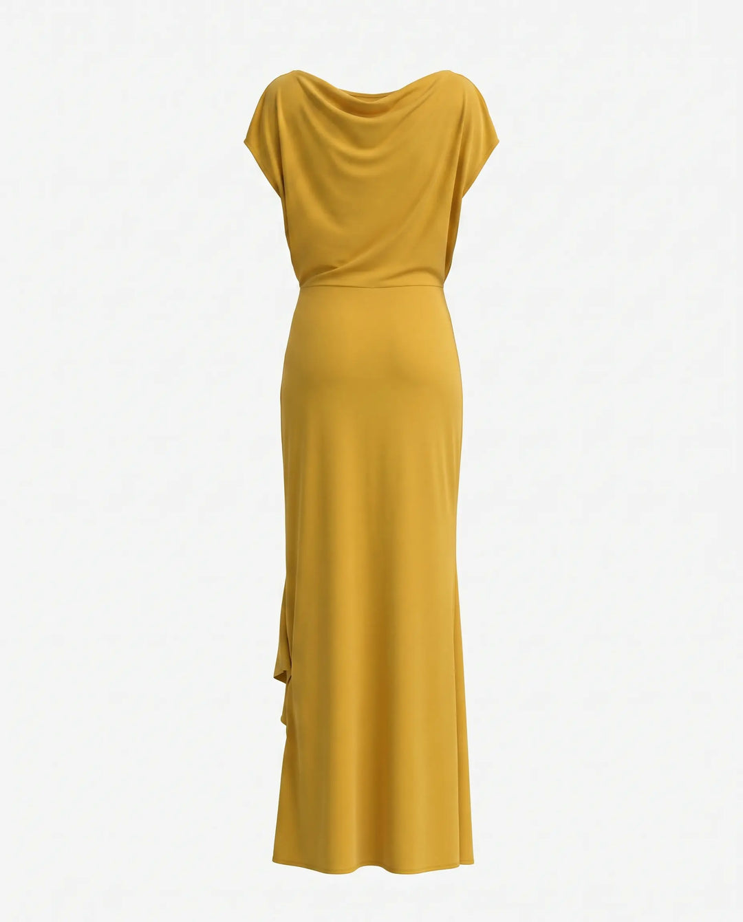 SOLACE  Mustard Ruched Ring Draped Jersey Slim Fit Maxi Dress 