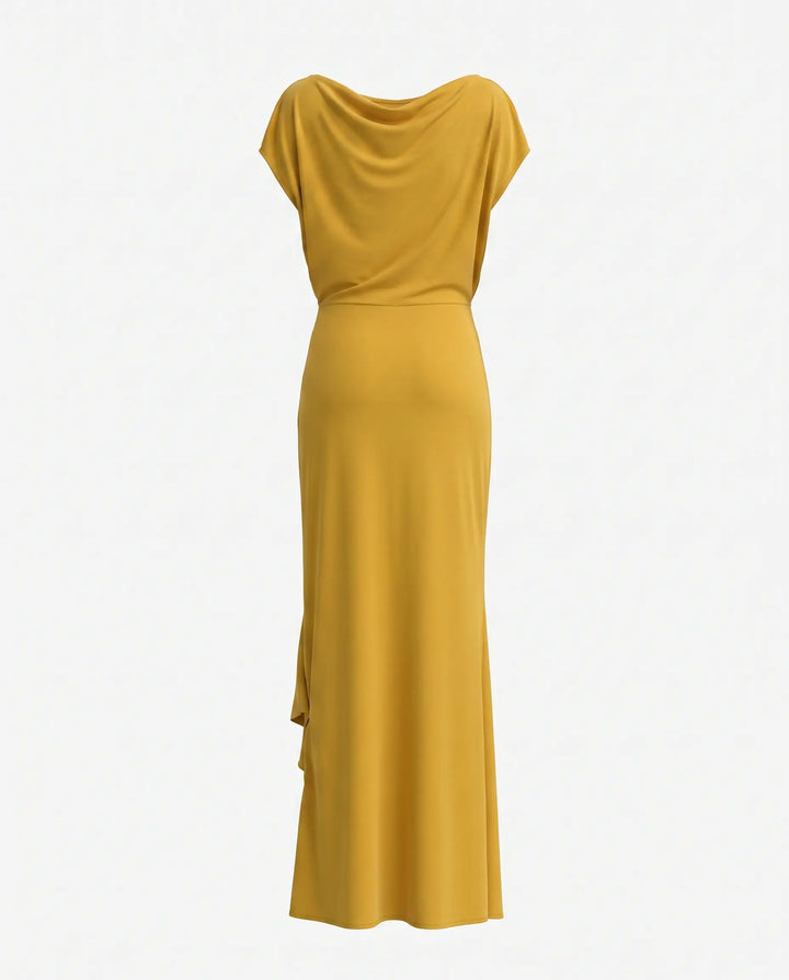 SOLACE  Mustard Ruched Ring Draped Jersey Slim Fit Maxi Dress 