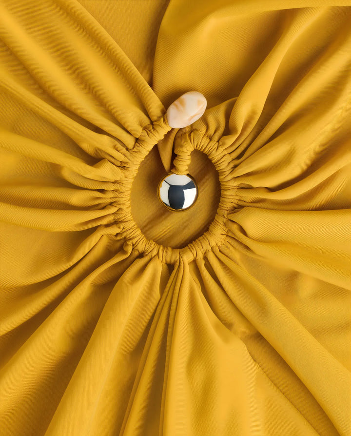 SOLACE  Mustard Ruched Ring Draped Jersey Slim Fit Maxi Dress 