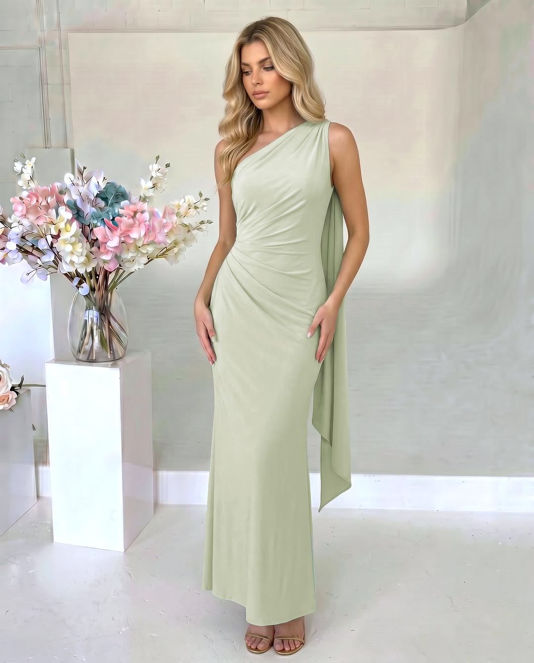 SOLACE  Green One Shoulder Ruched Drape Mermaid Maxi Dress 
