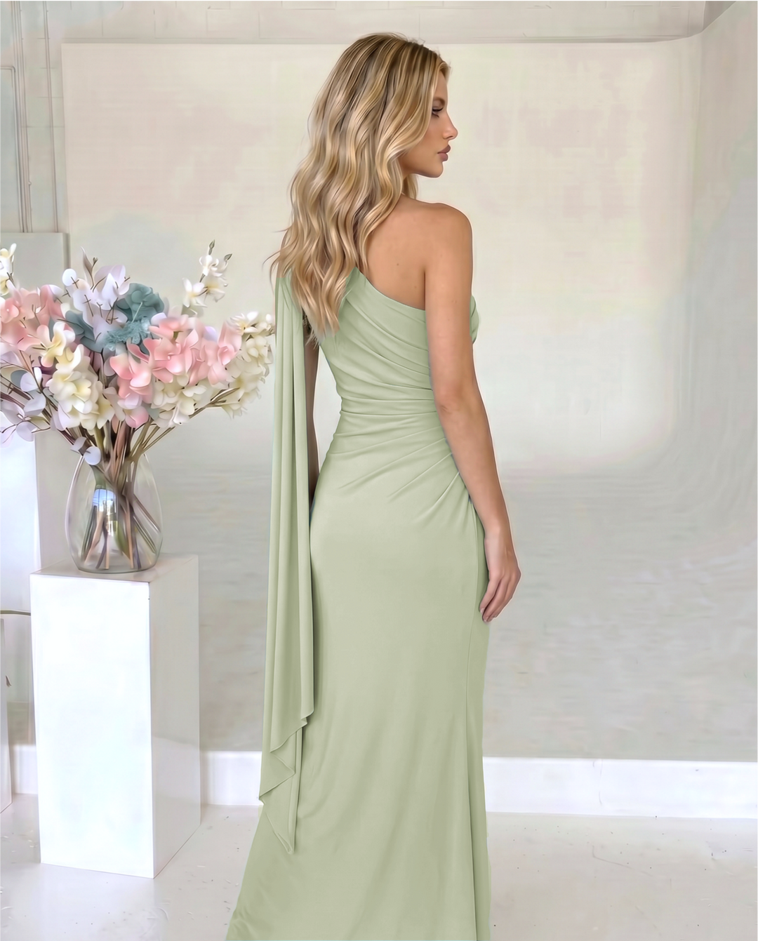 SOLACE  Green One Shoulder Ruched Drape Mermaid Maxi Dress 