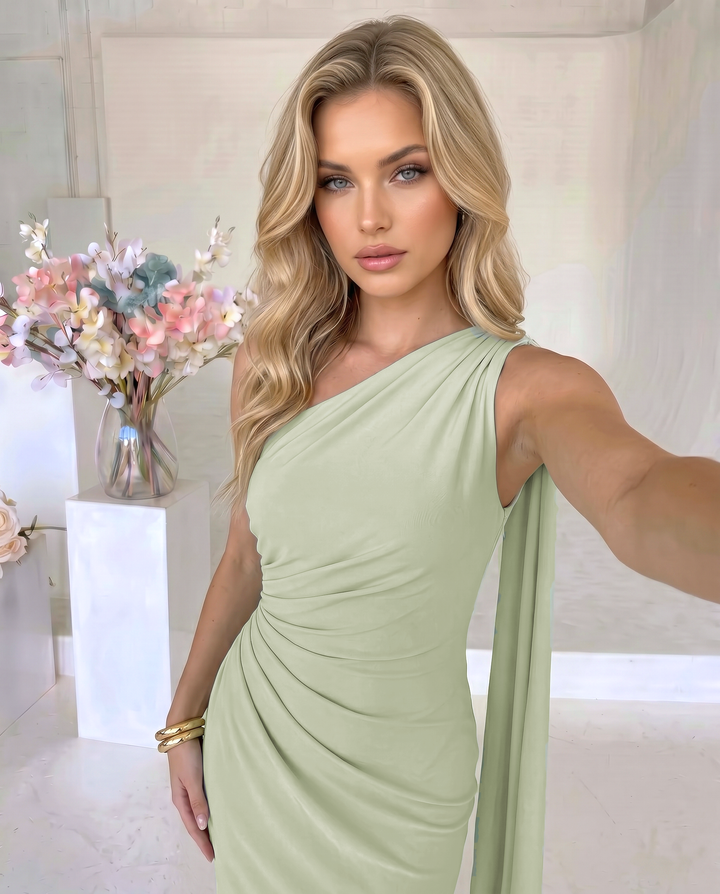 SOLACE  Green One Shoulder Ruched Drape Mermaid Maxi Dress 