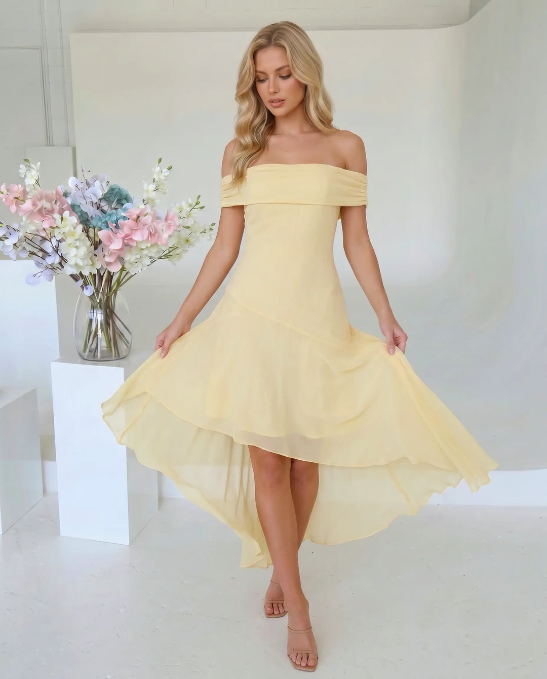 SOLACE  Yellow Off Shoulder Chiffon High Low Midi Dress 