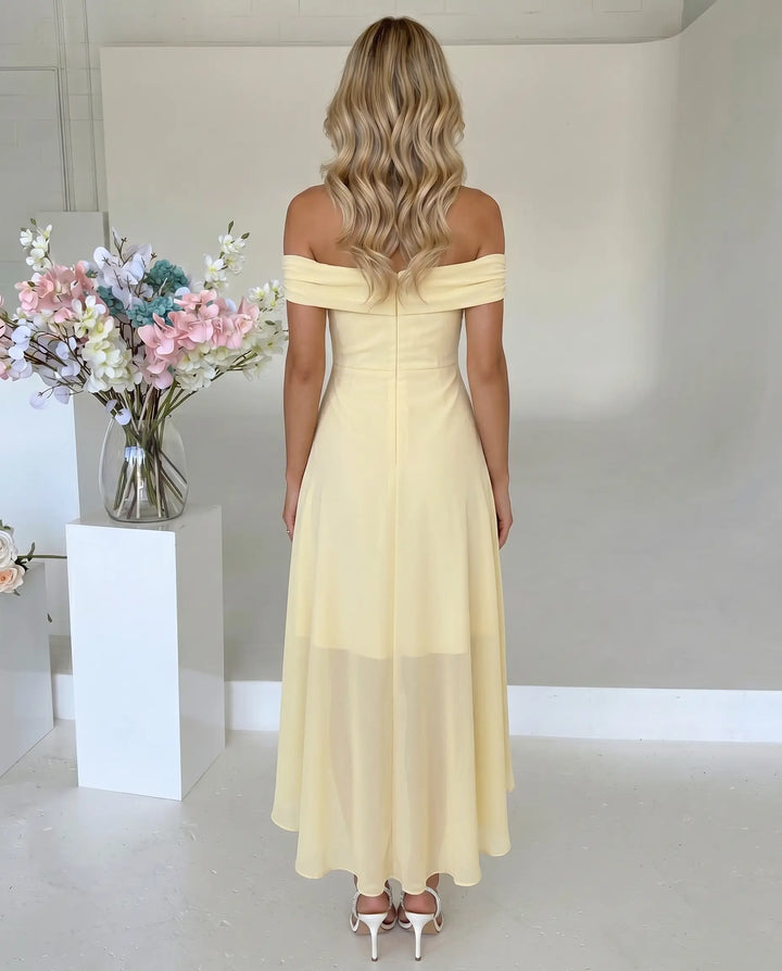 SOLACE  Yellow Off Shoulder Chiffon High Low Midi Dress 