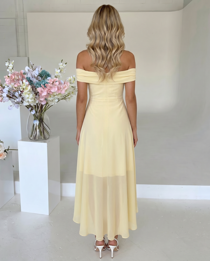 SOLACE  Yellow Off Shoulder Chiffon High Low Midi Dress 