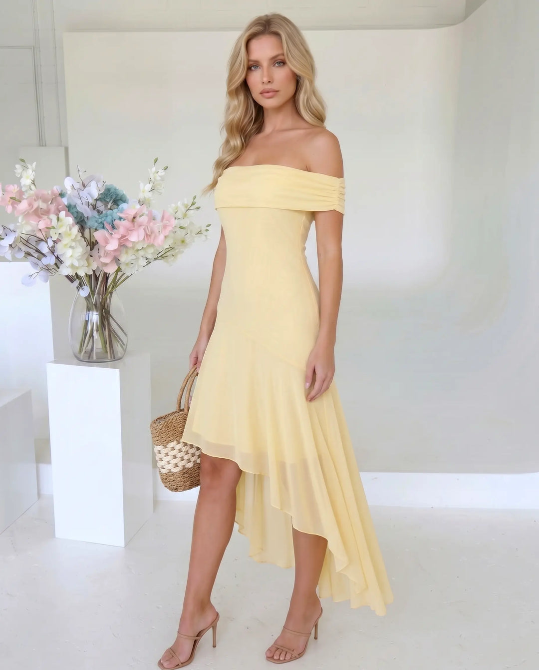 SOLACE  Yellow Off Shoulder Chiffon High Low Midi Dress 