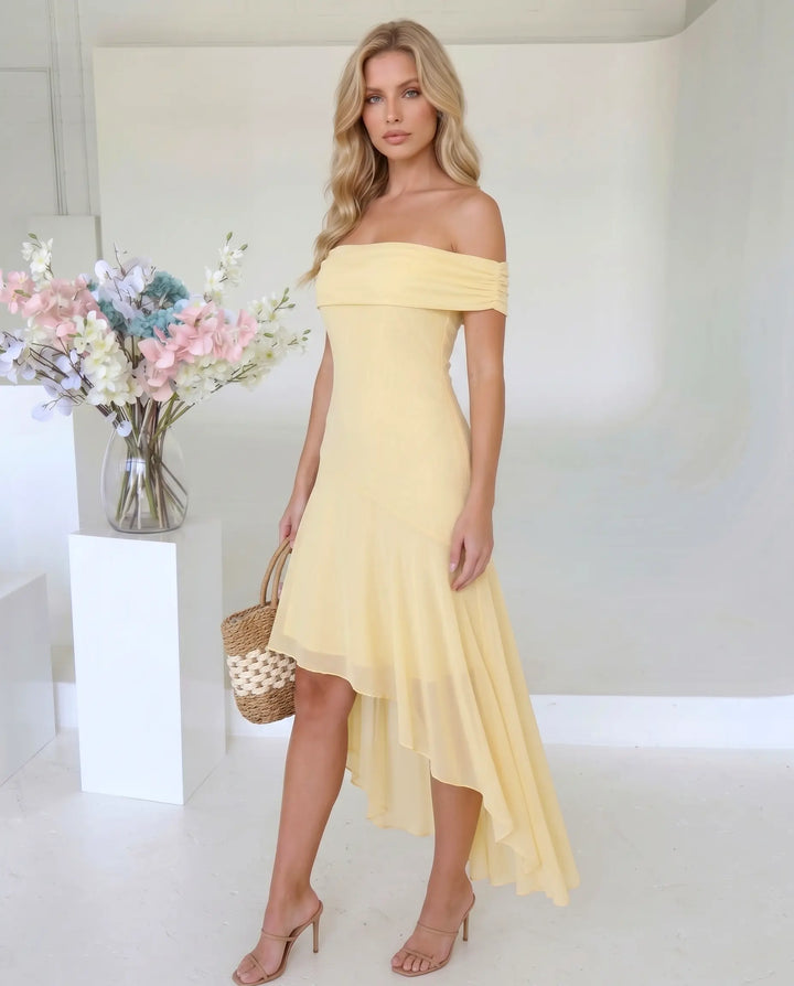 SOLACE  Yellow Off Shoulder Chiffon High Low Midi Dress 