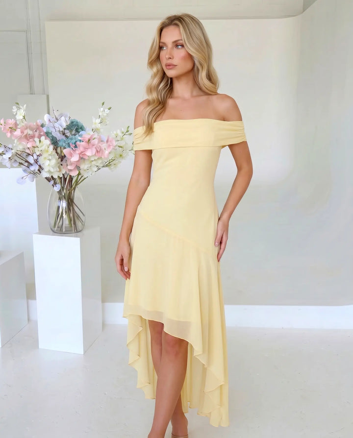 SOLACE  Yellow Off Shoulder Chiffon High Low Midi Dress 