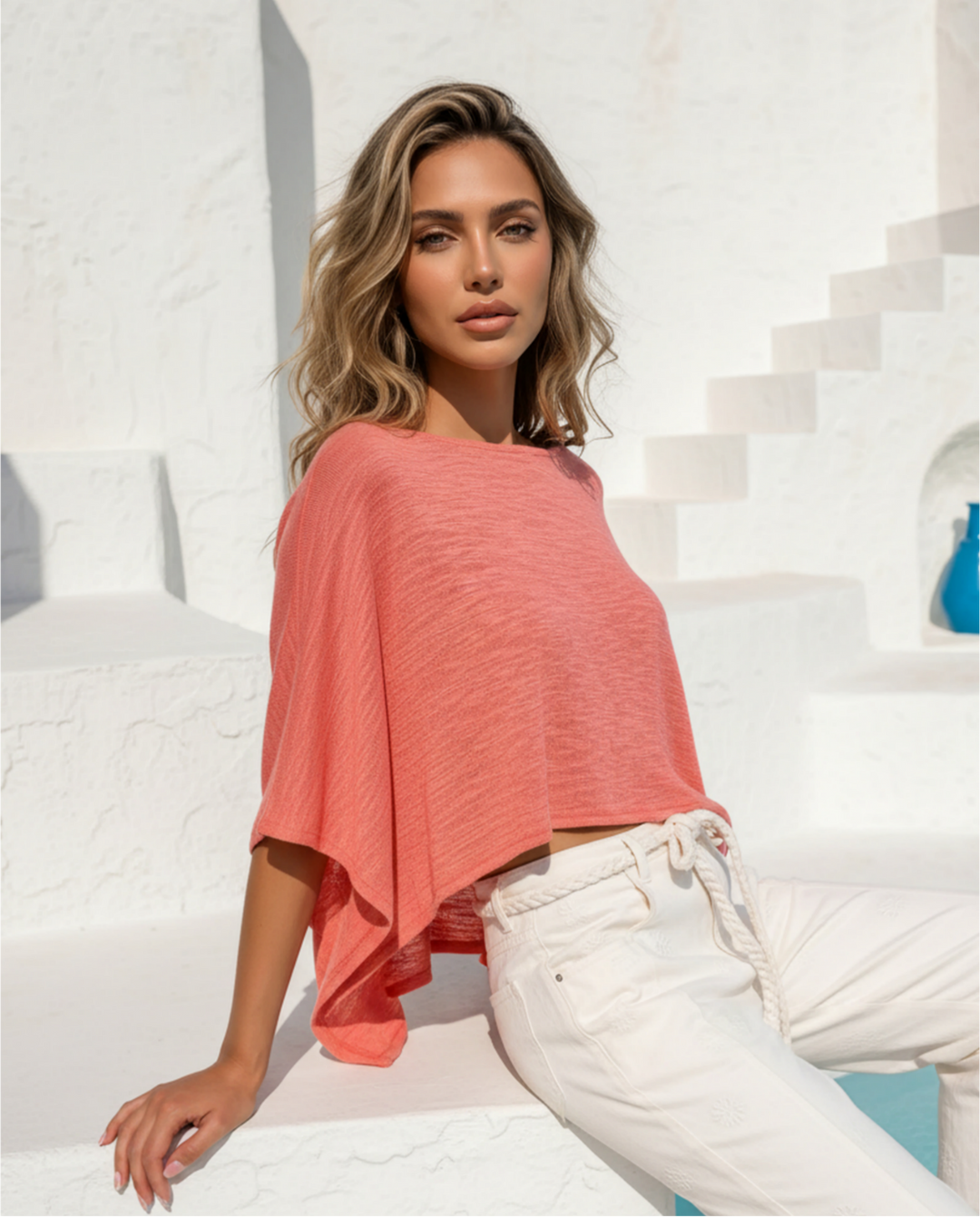 SOLACE  Coral Heathered Dolman Batwing Cropped Knit Top 