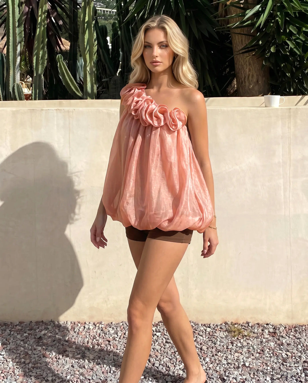 SOLACE  Dusty Pink One-Shoulder Ruffled Chiffon Blouse 