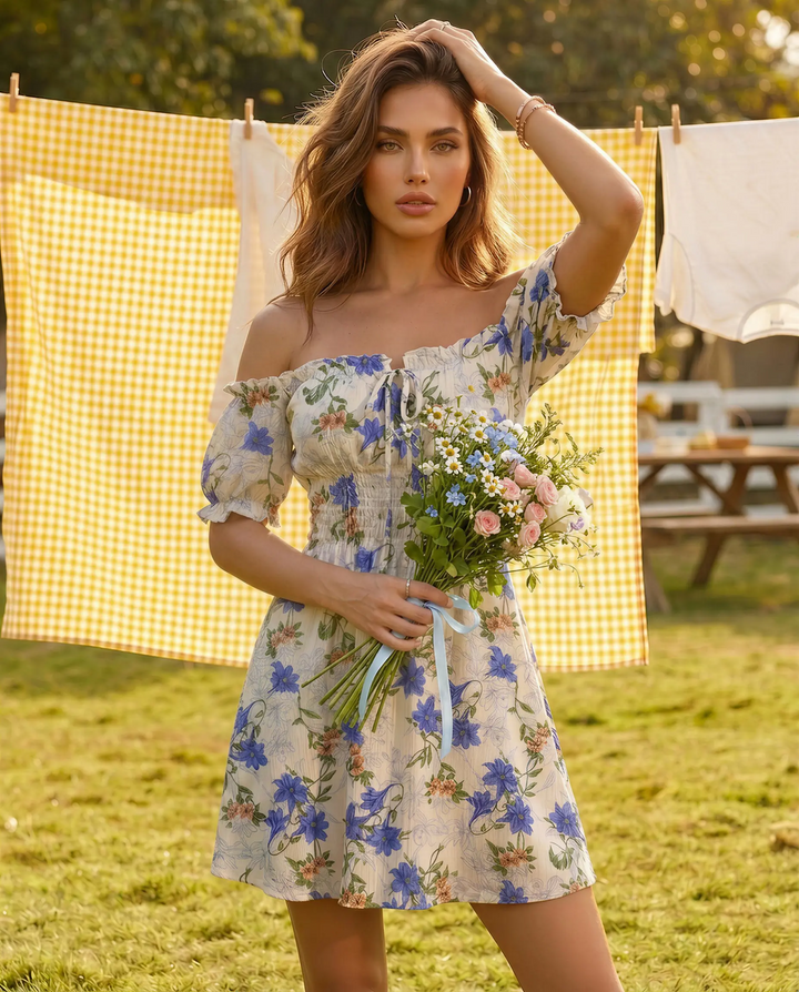 SOLACE  Blue Floral Print Off-Shoulder Smocked Waist Mini Dress 