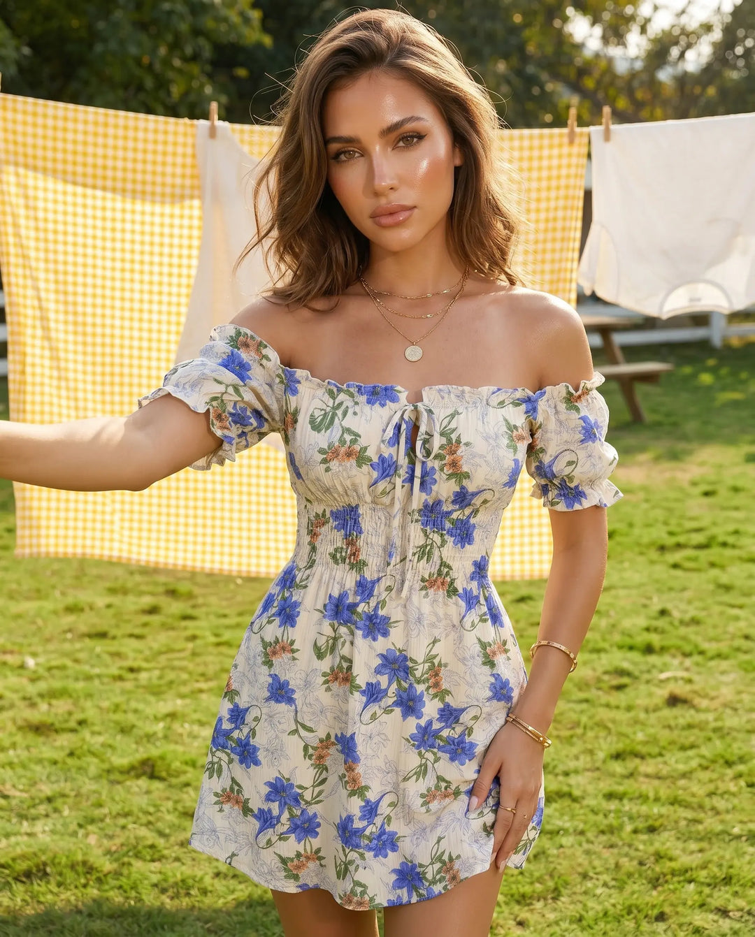 SOLACE  Blue Floral Print Off-Shoulder Smocked Waist Mini Dress 
