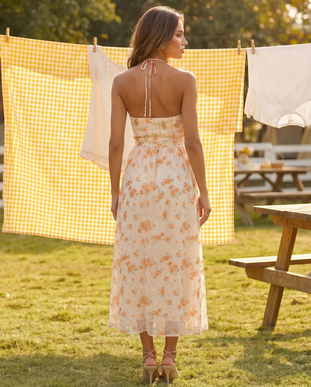 SOLACE  Orange Floral Print Halter Neck Cutout Midi Dress 