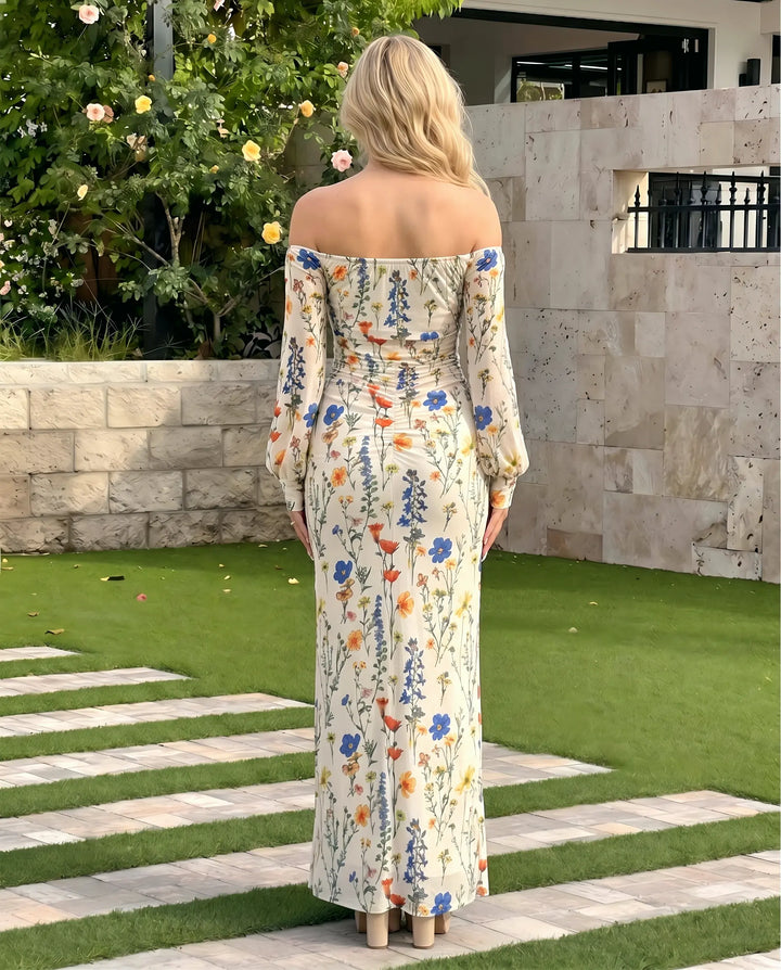 SOLACE  Beige Floral Print Off-Shoulder Long Sleeve Midi Dress 
