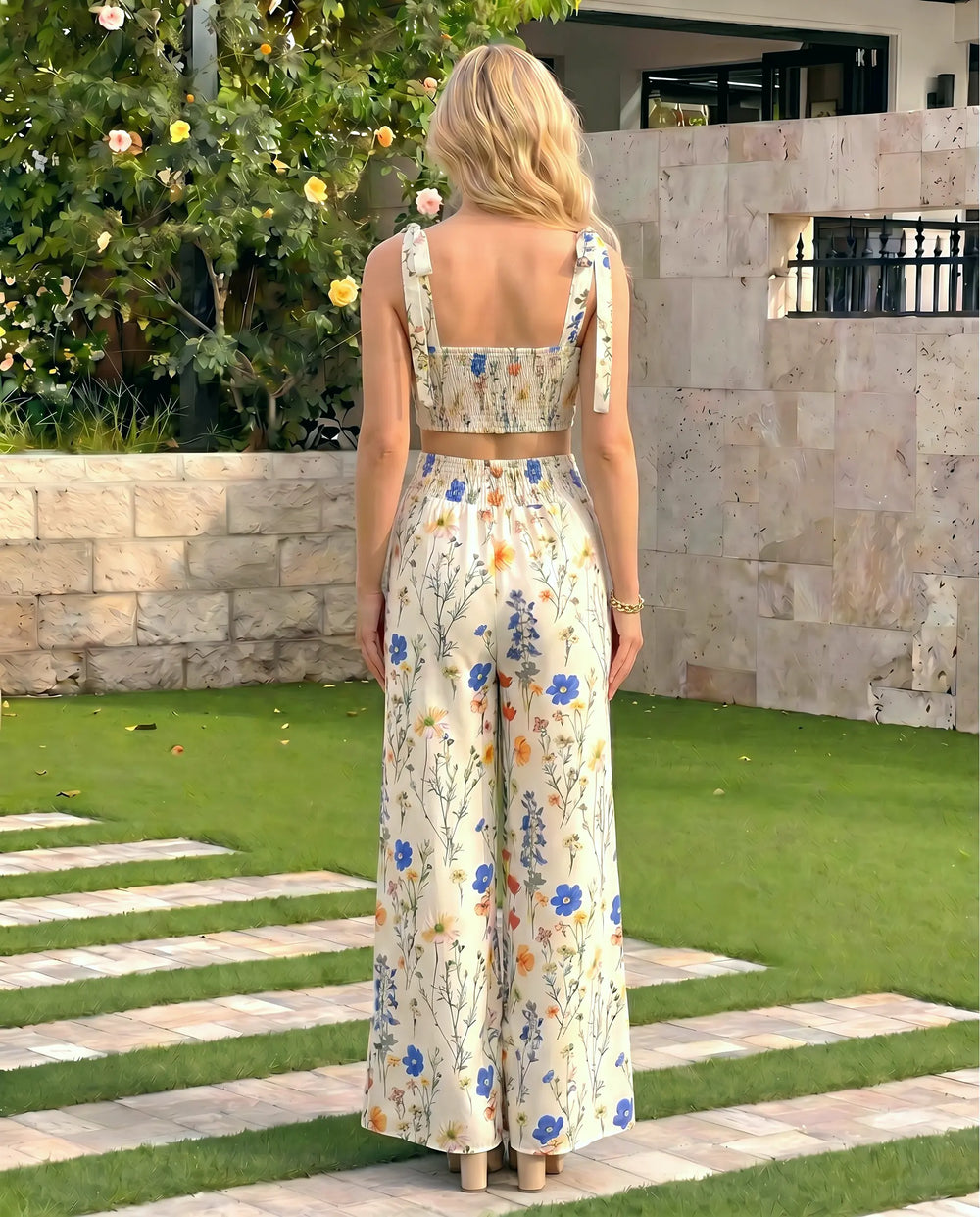 SOLACE  Floral Print Tie Strap Bustier Crop Top and Wide Leg Pants Two Piece Set 