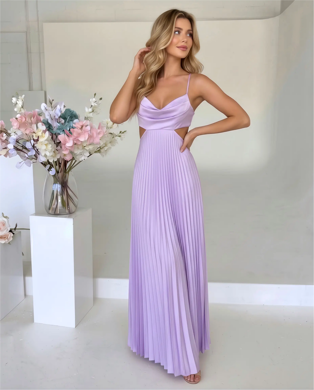 SOLACE  Lavender Cowl Neck Cutout Pleated Maxi Dress 