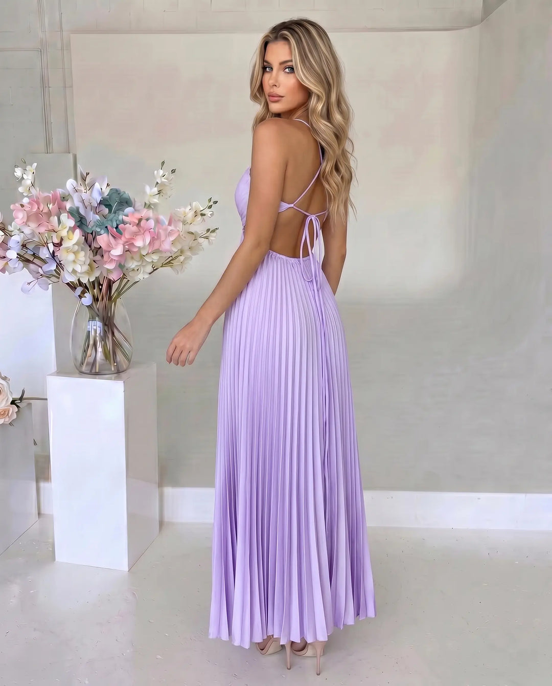 SOLACE  Lavender Cowl Neck Cutout Pleated Maxi Dress 