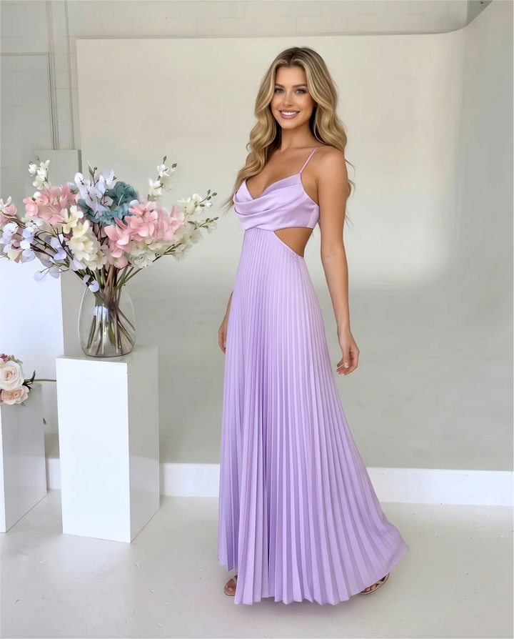SOLACE  Lavender Cowl Neck Cutout Pleated Maxi Dress 