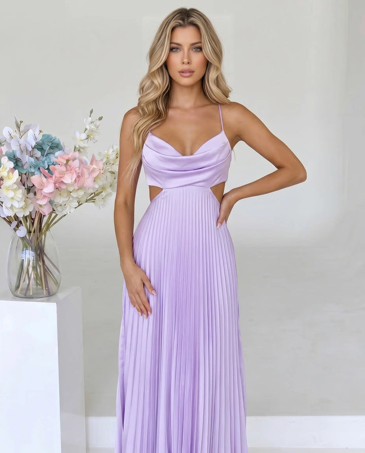 SOLACE  Lavender Cowl Neck Cutout Pleated Maxi Dress 