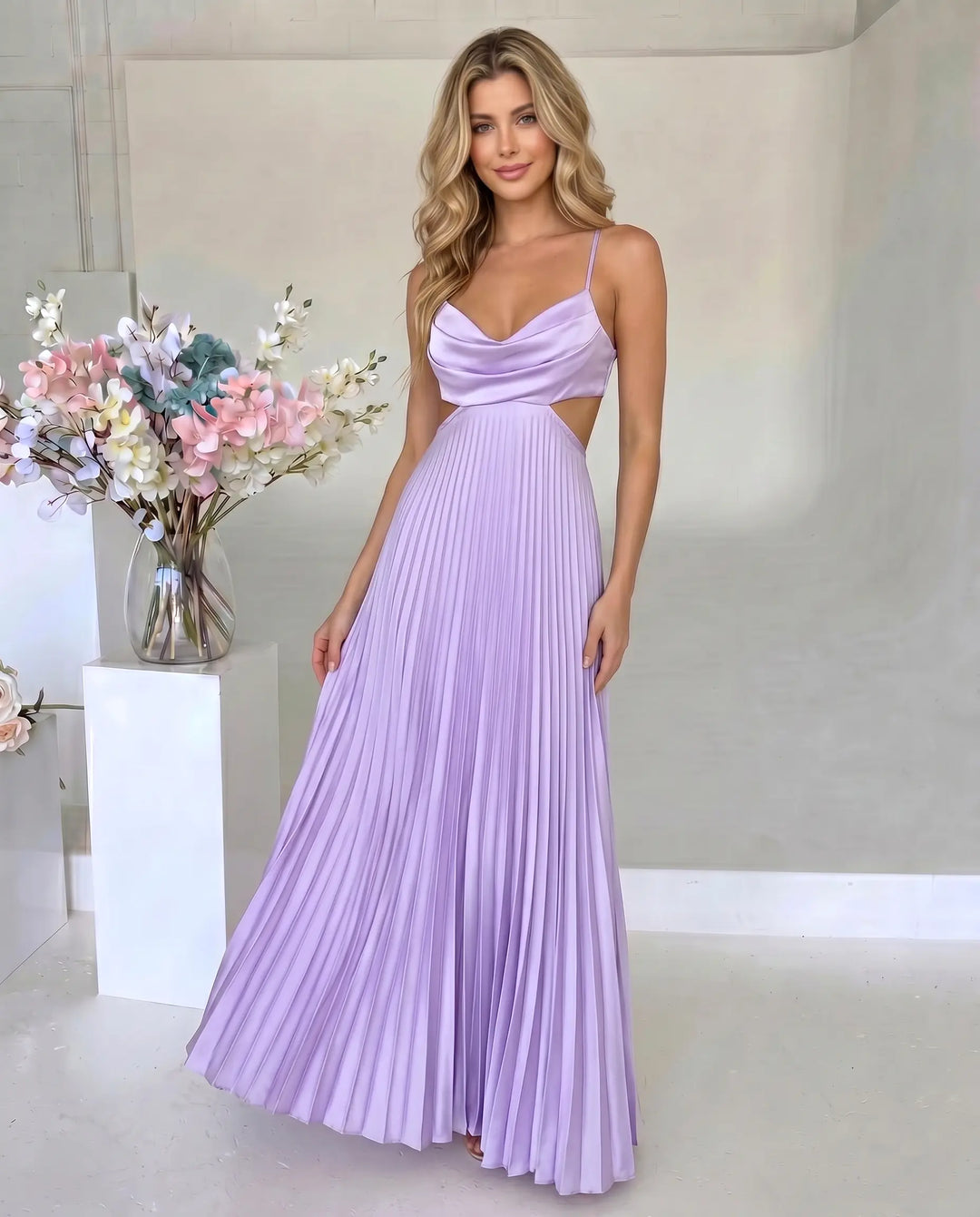 SOLACE  Lavender Cowl Neck Cutout Pleated Maxi Dress 