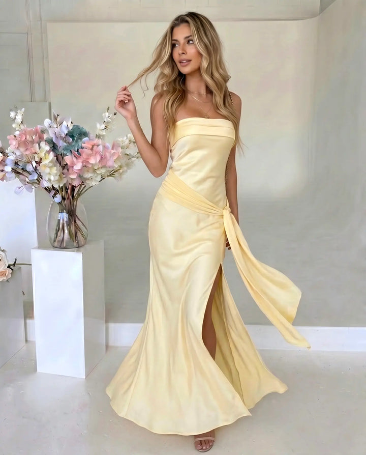 SOLACE  Yellow Strapless Satin Mermaid Maxi Dress 
