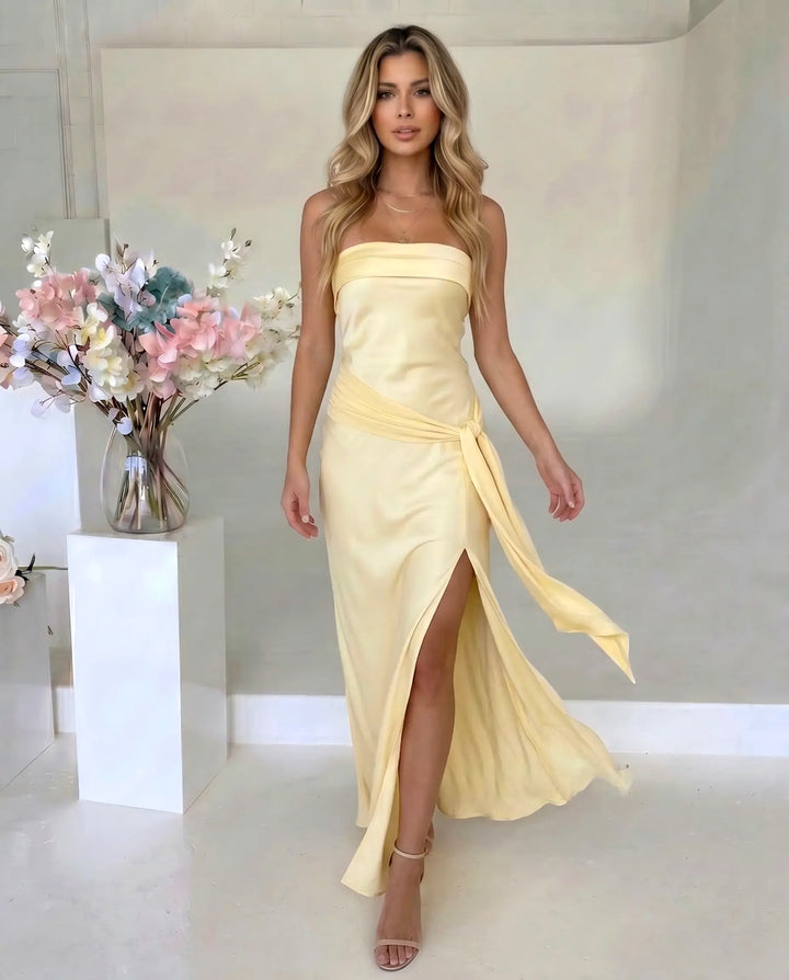 SOLACE  Yellow Strapless Satin Mermaid Maxi Dress 
