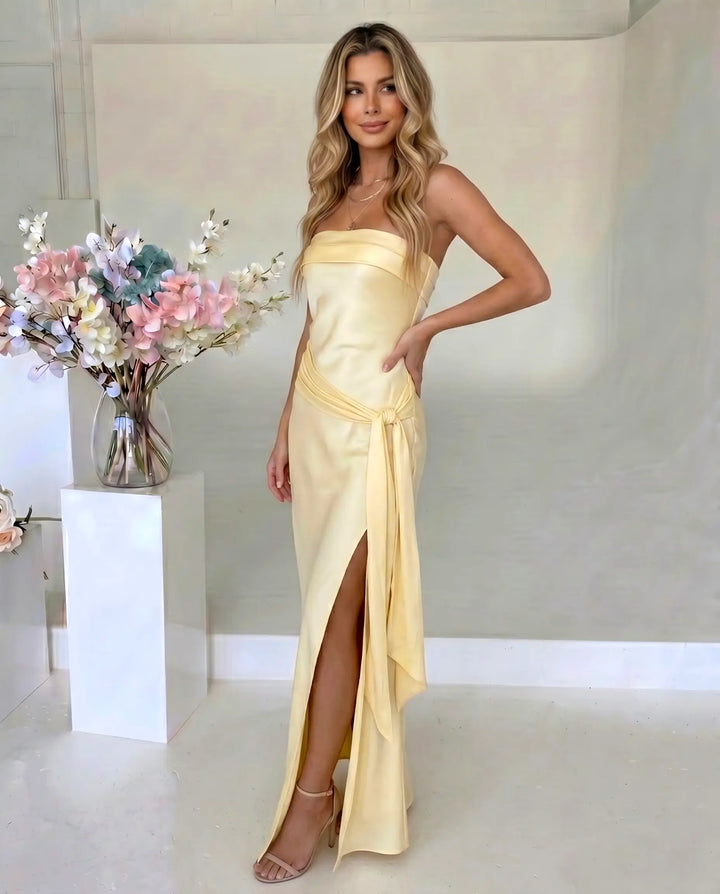 SOLACE  Yellow Strapless Satin Mermaid Maxi Dress 