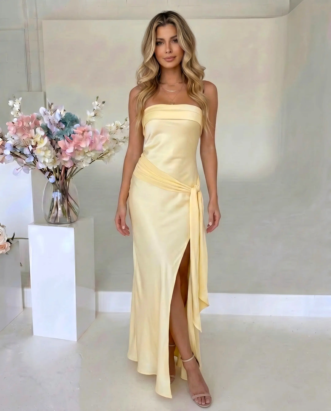 SOLACE  Yellow Strapless Satin Mermaid Maxi Dress 