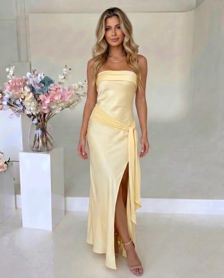 SOLACE  Yellow Strapless Satin Mermaid Maxi Dress 