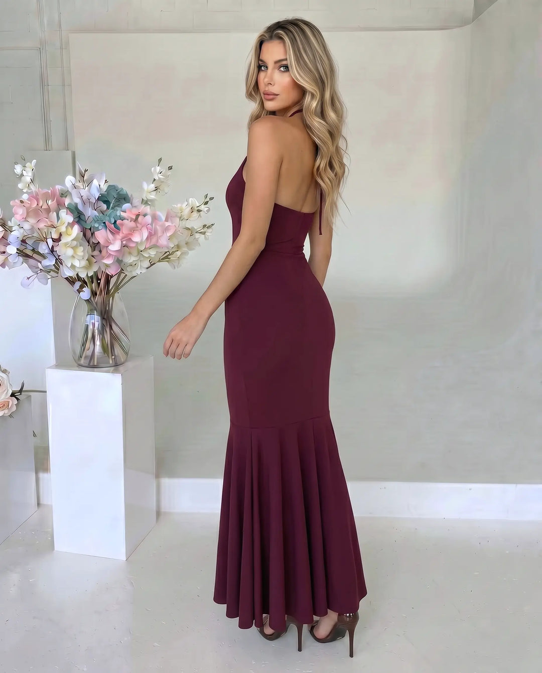 SOLACE  Burgundy Halter Neck Knotted Midi Dress 