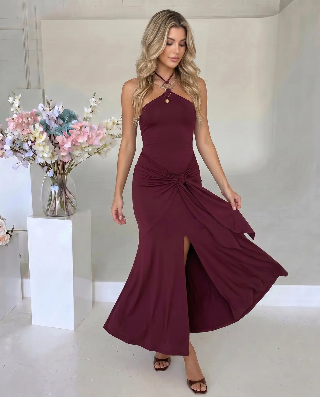 SOLACE  Burgundy Halter Neck Knotted Midi Dress 