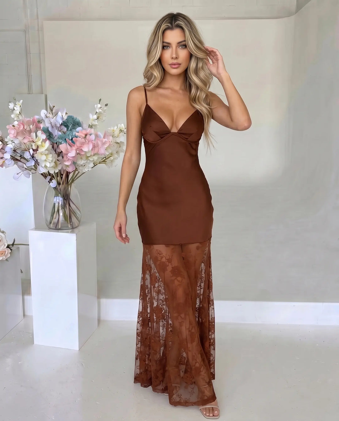 SOLACE  Brown Satin Bustier Sheer Floral Lace Maxi Dress 