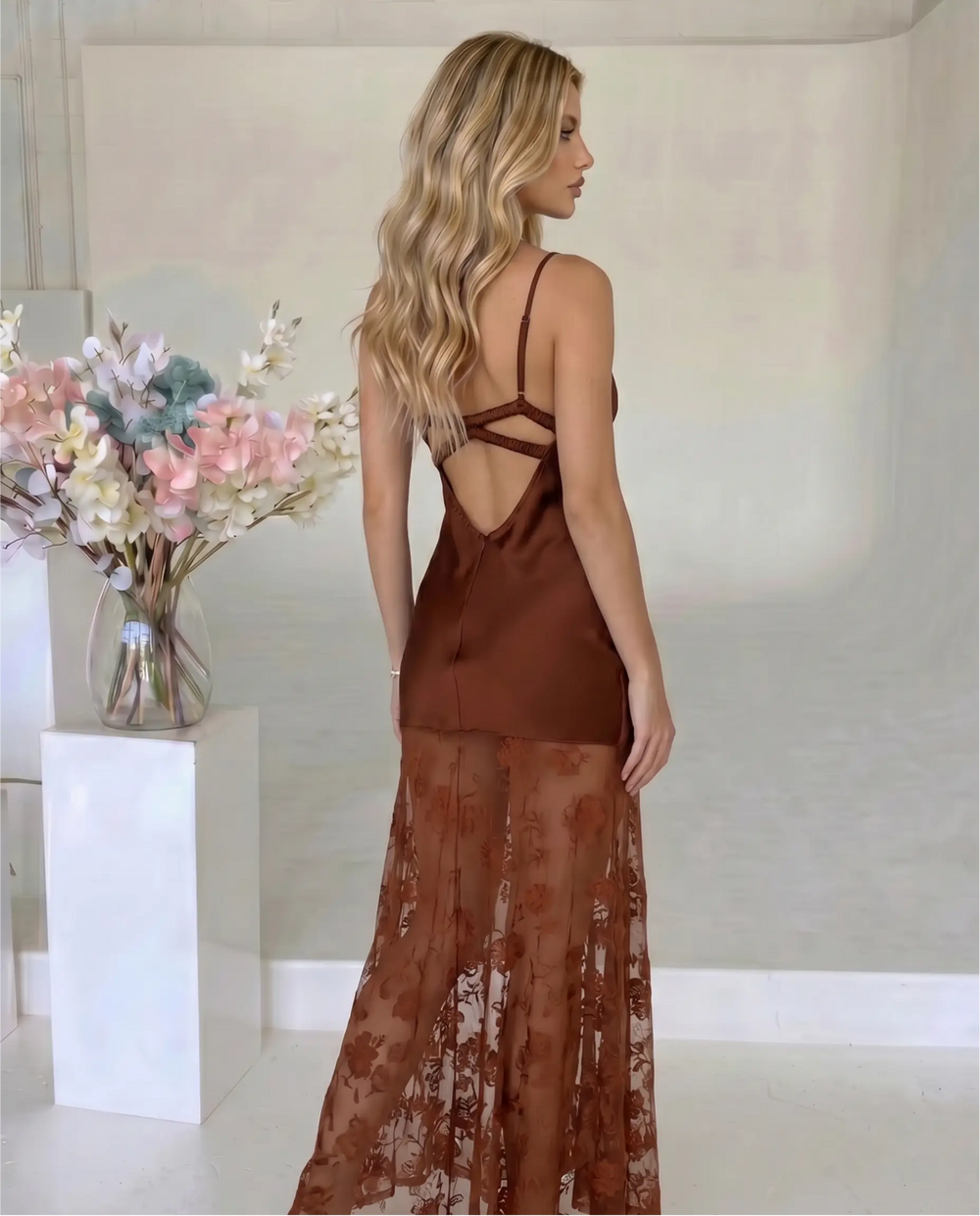 SOLACE  Brown Satin Bustier Sheer Floral Lace Maxi Dress 