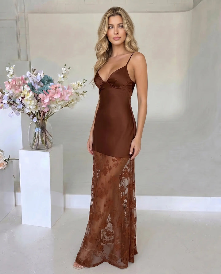 SOLACE  Brown Satin Bustier Sheer Floral Lace Maxi Dress 