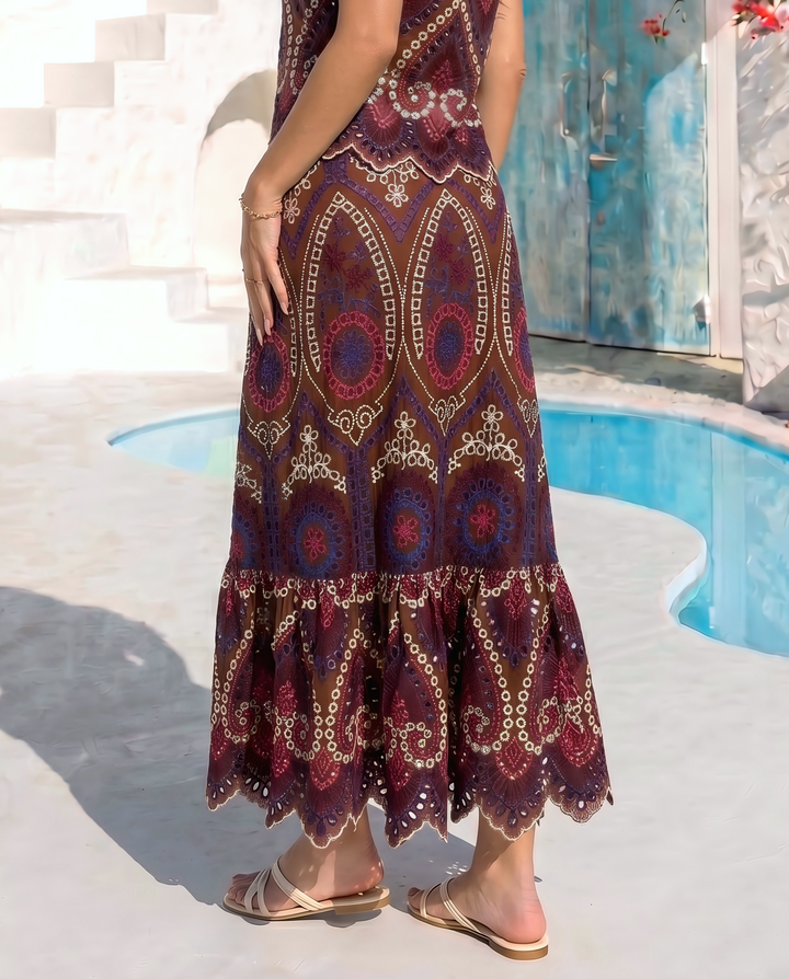 Brown Multicolor Paisley Embroidery Eyelet Ruffle Midi Skirt