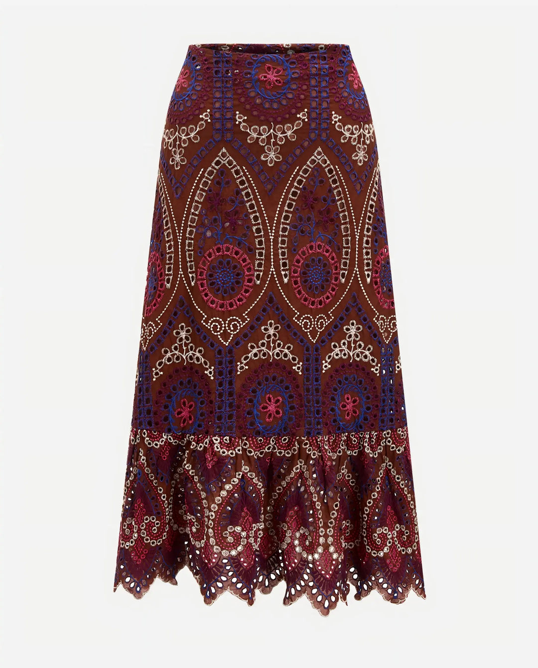 Brown Multicolor Paisley Embroidery Eyelet Ruffle Midi Skirt