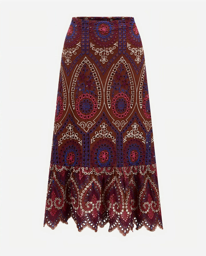Brown Multicolor Paisley Embroidery Eyelet Ruffle Midi Skirt