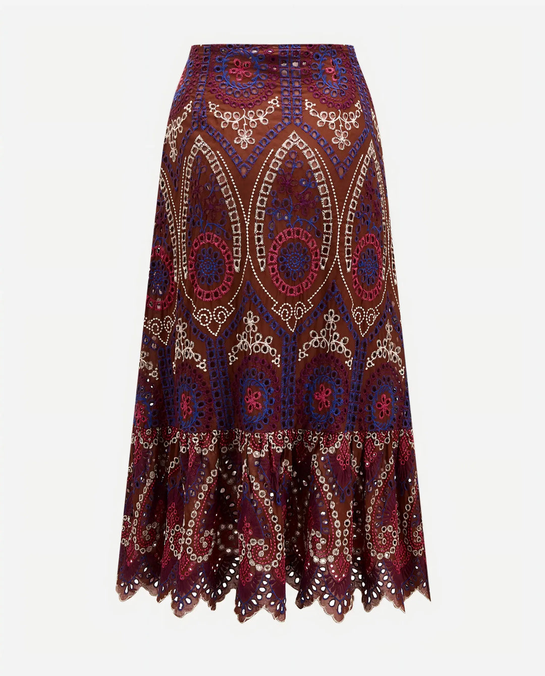 Brown Multicolor Paisley Embroidery Eyelet Ruffle Midi Skirt
