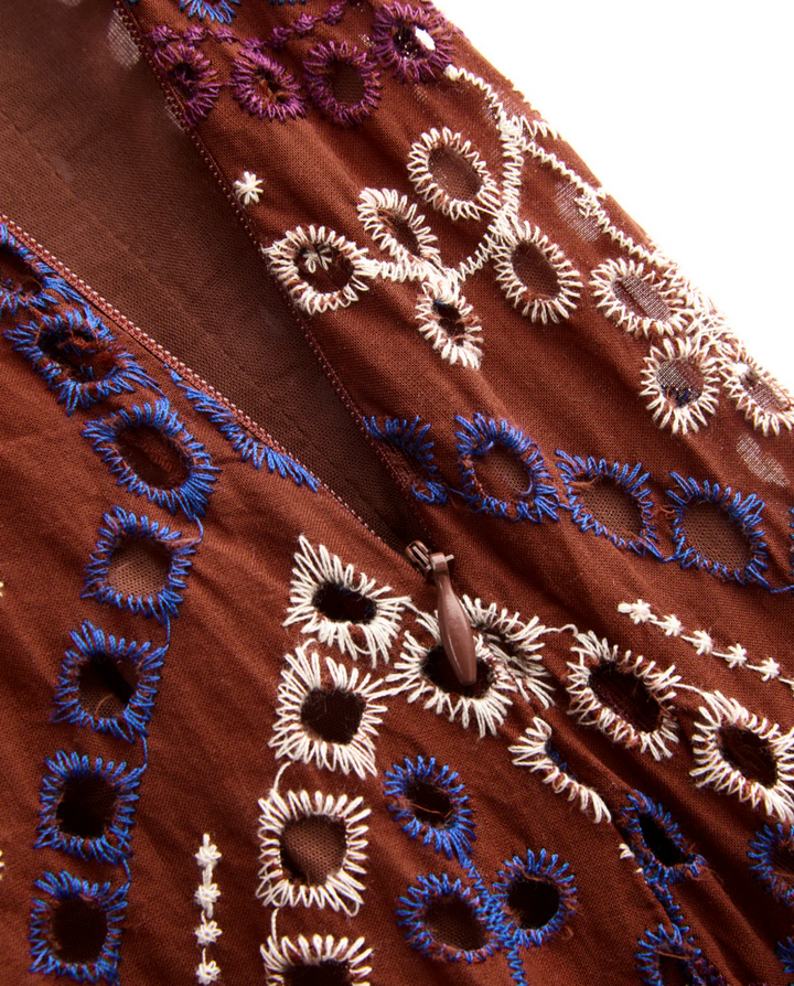 Brown Multicolor Paisley Embroidery Eyelet Ruffle Midi Skirt