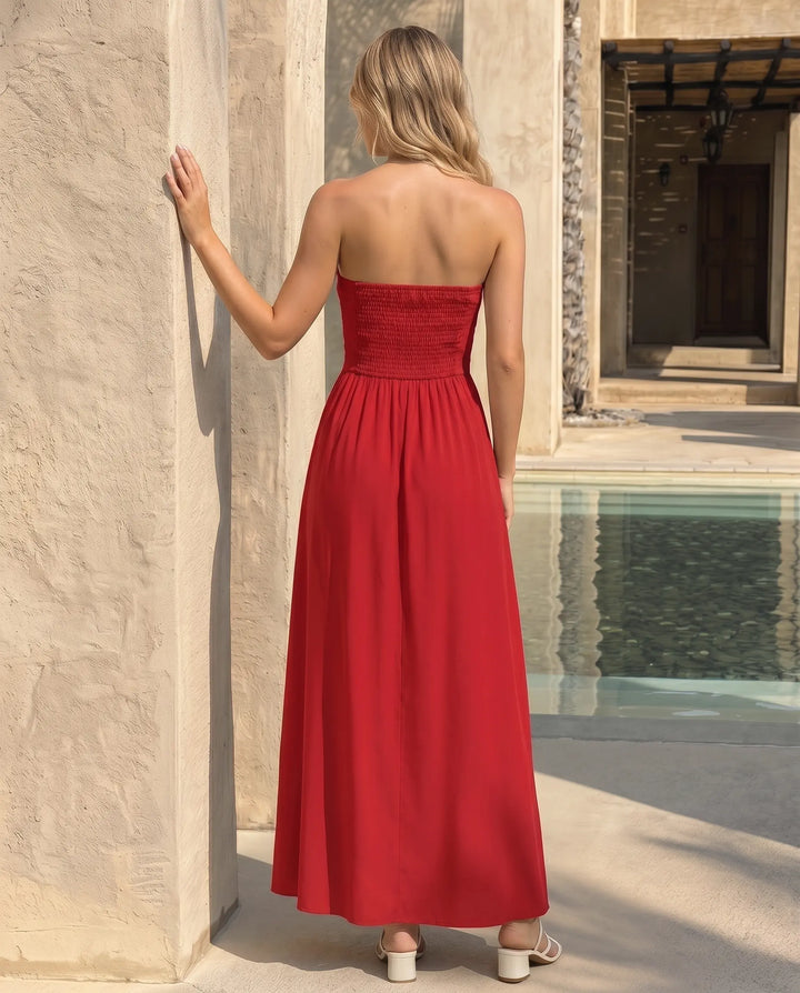SOLACE  Red Floral Applique Bodice Slim Fit Midi Dress 
