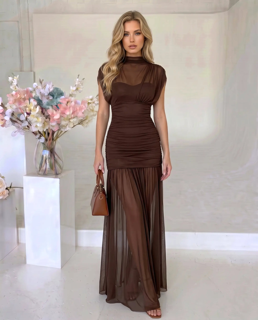 SOLACE  Brown High Neck Ruched Mesh Mermaid Maxi Dress 