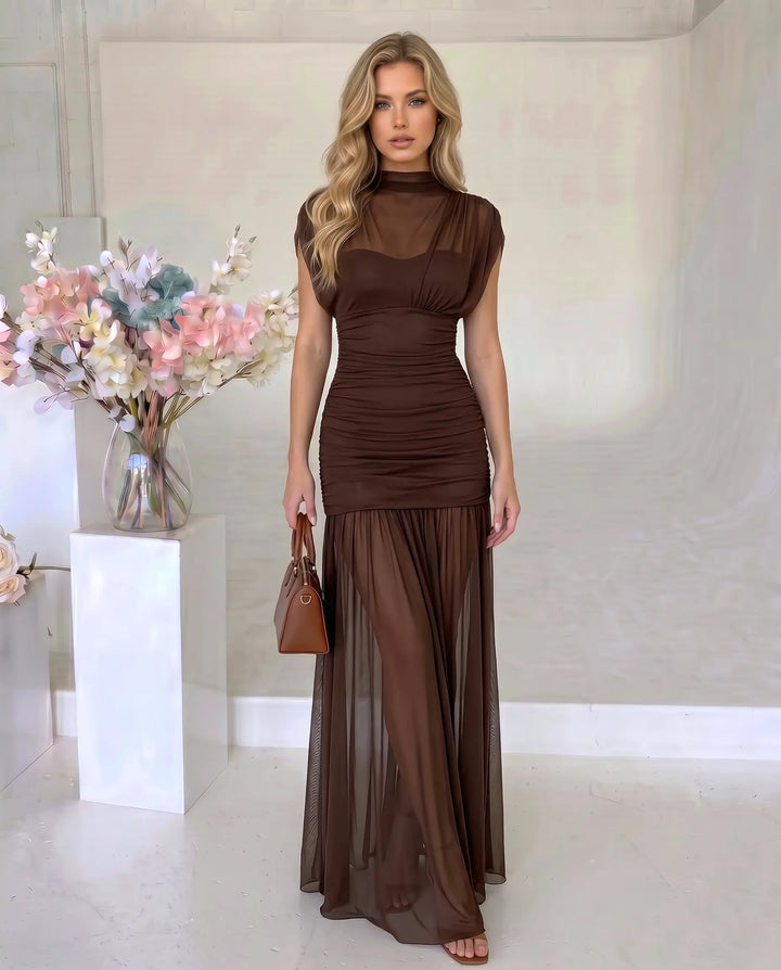SOLACE  Brown High Neck Ruched Mesh Mermaid Maxi Dress 