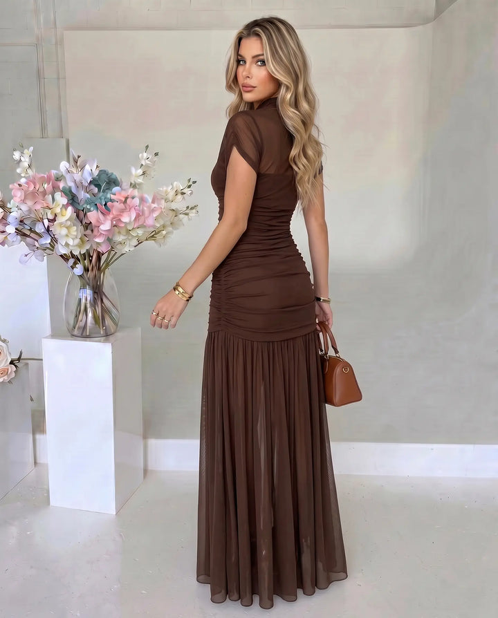 SOLACE  Brown High Neck Ruched Mesh Mermaid Maxi Dress 