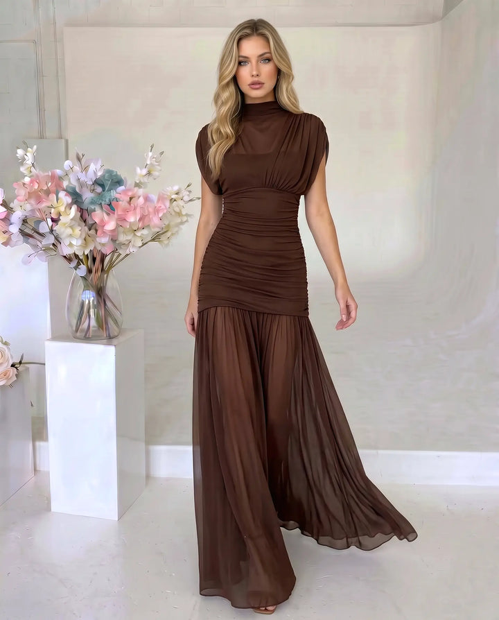 SOLACE  Brown High Neck Ruched Mesh Mermaid Maxi Dress 