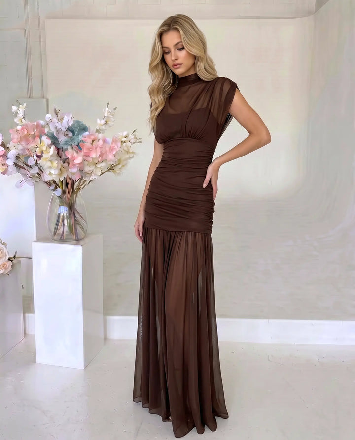 SOLACE  Brown High Neck Ruched Mesh Mermaid Maxi Dress 