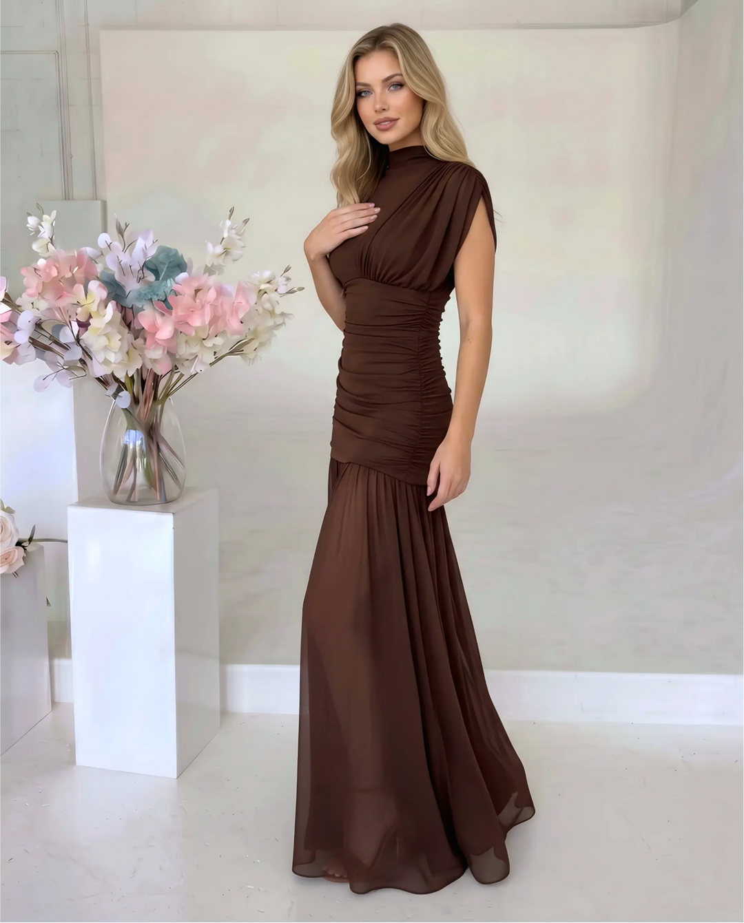 SOLACE  Brown High Neck Ruched Mesh Mermaid Maxi Dress 
