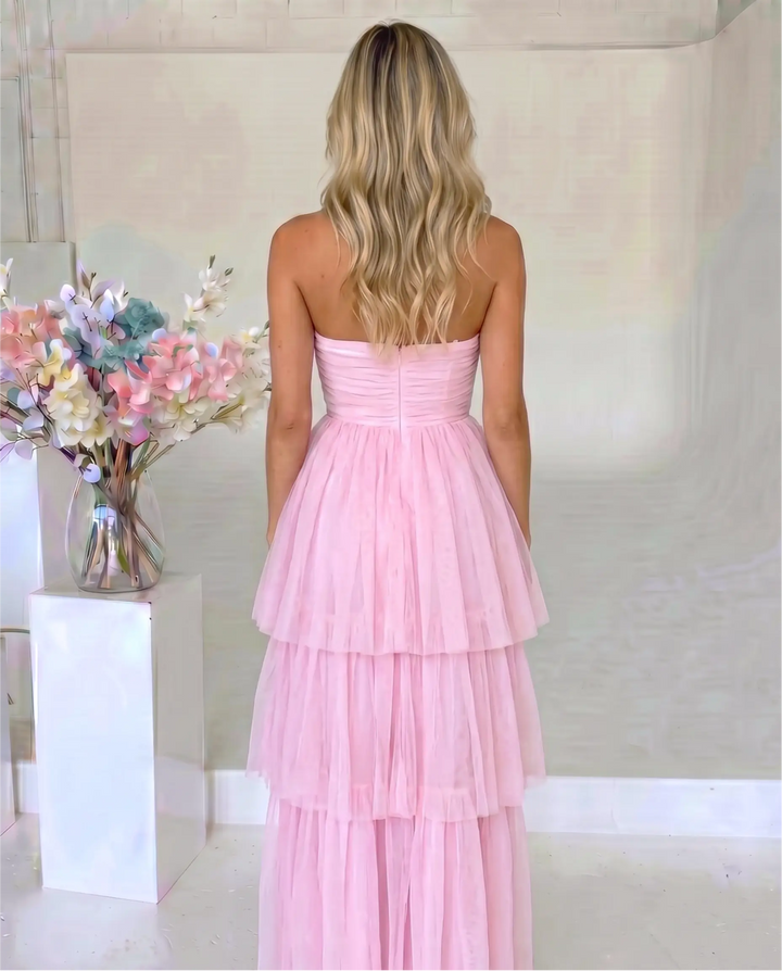 SOLACE  Pink Tiered Tulle Slim Fit High-Low Evening Dress 