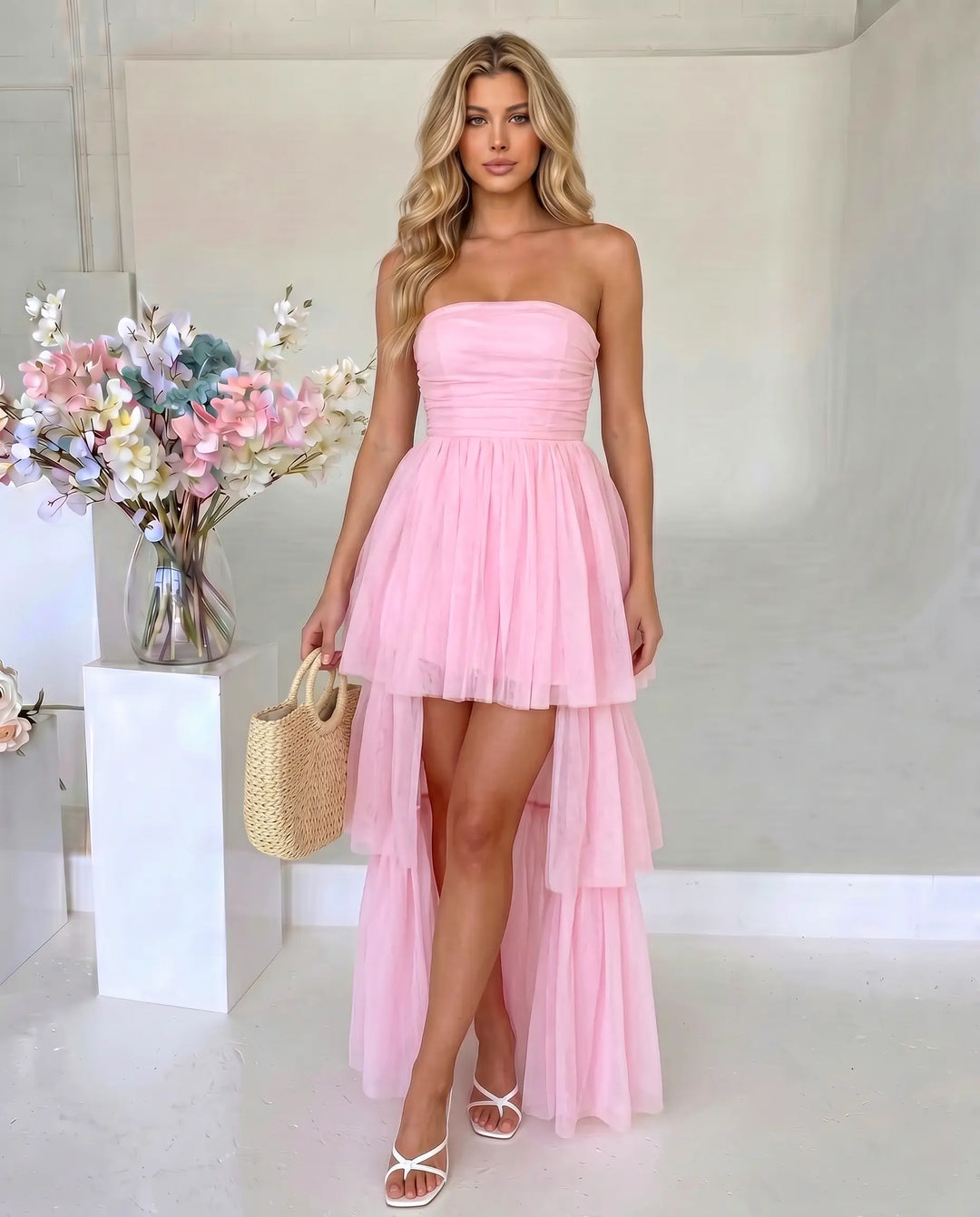 SOLACE  Pink Tiered Tulle Slim Fit High-Low Evening Dress 