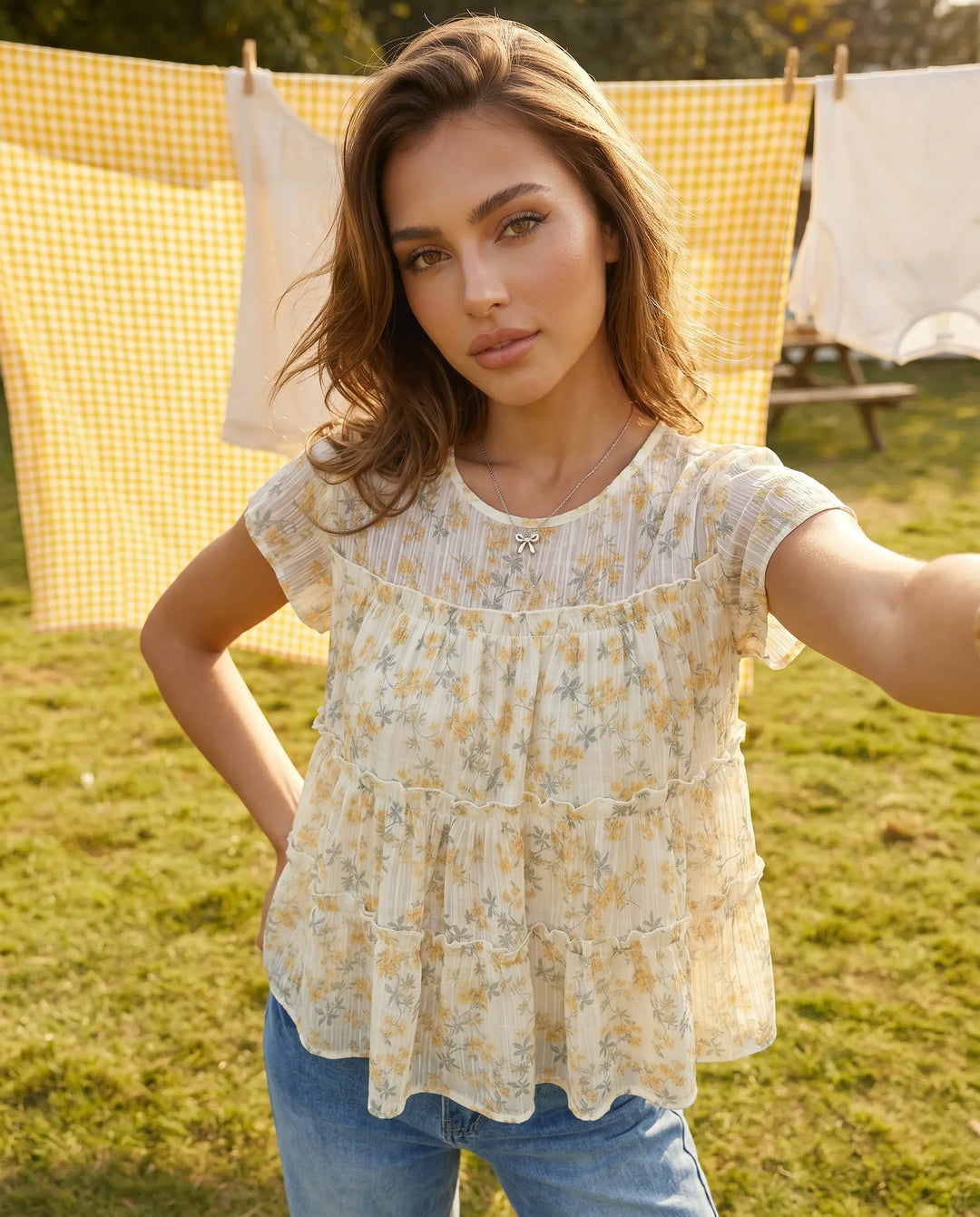 SOLACE  Beige Floral Tiered Ruffle Short Sleeve Blouse 