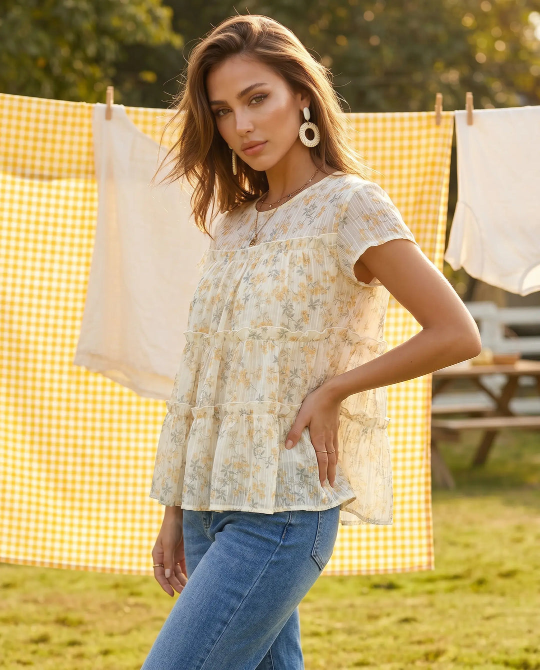 SOLACE  Beige Floral Tiered Ruffle Short Sleeve Blouse 